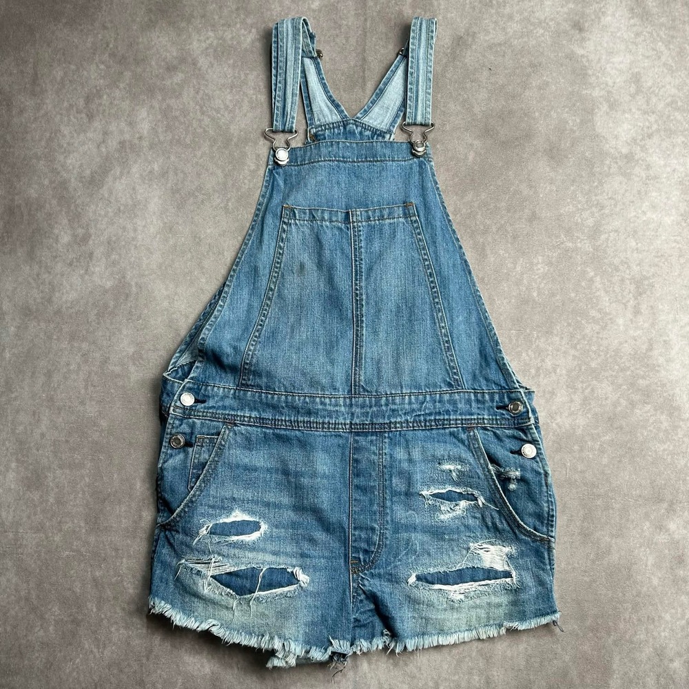American Eagle Distressed Denim Shortalls Medium Wash Blue Womens Size Medium